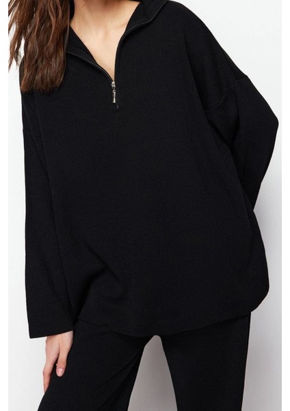 Moda Düz Dik Yaka Casual Günlük Ekru Rahat Kesim Dik Yaka Basic Triko Alt-Üst Takım indirimleri