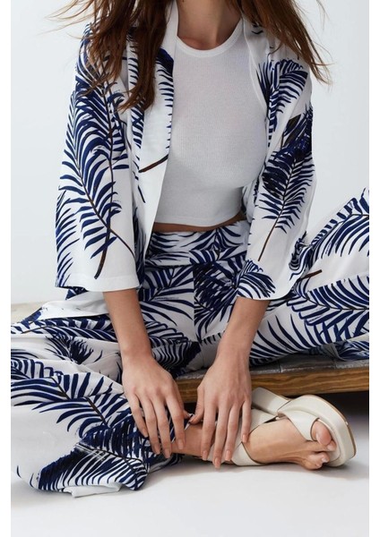 Moda Dokuma Baskılı Degaje Yaka Casual Günlük Siyah Desenli Kimono Pantolon Dokuma Alt-Üst Takım modelleri