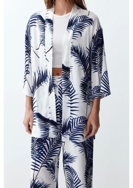 Moda Dokuma Baskılı Degaje Yaka Casual Günlük Siyah Desenli Kimono Pantolon Dokuma Alt-Üst Takım fırsatları