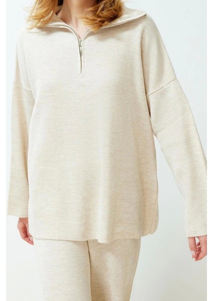 Moda Düz Dik Yaka Casual Günlük Ekru Rahat Kesim Dik Yaka Basic Triko Alt-Üst Takım modelleri