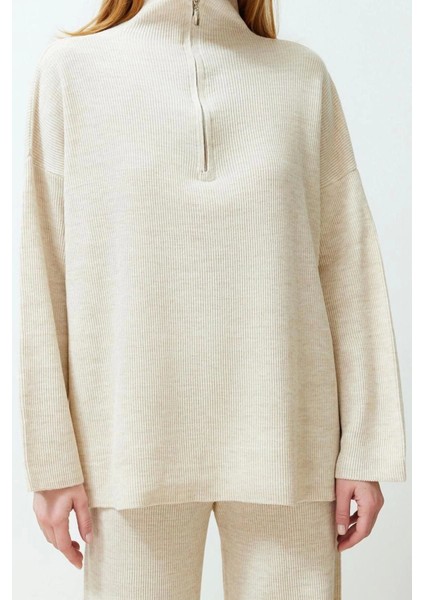 Moda Düz Dik Yaka Casual Günlük Ekru Rahat Kesim Dik Yaka Basic Triko Alt-Üst Takım fırsatları