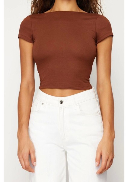 Moda Bisiklet Yaka Örme Slim Düz Desen Casual Günlük Crop Kısa Kol Bluz