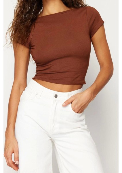 Moda Bisiklet Yaka Örme Slim Düz Desen Casual Günlük Crop Kısa Kol Bluz modelleri