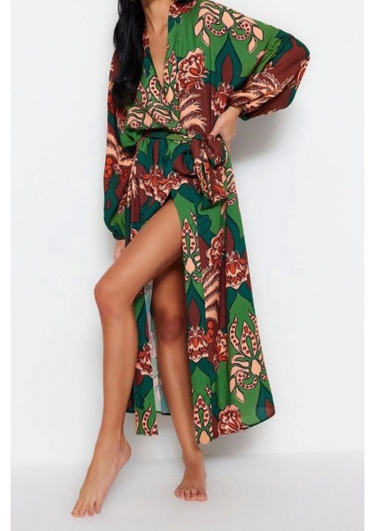 Moda Dokuma Regular Kalıp Uzun Şal Yaka Standart Kol Shally Basic Tropikal Desen Kimono Kaftan