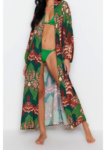 Moda Dokuma Regular Kalıp Uzun Şal Yaka Standart Kol Shally Basic Tropikal Desen Kimono Kaftan