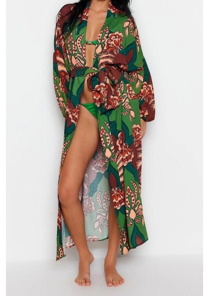 Moda Dokuma Regular Kalıp Uzun Şal Yaka Standart Kol Shally Basic Tropikal Desen Kimono Kaftan