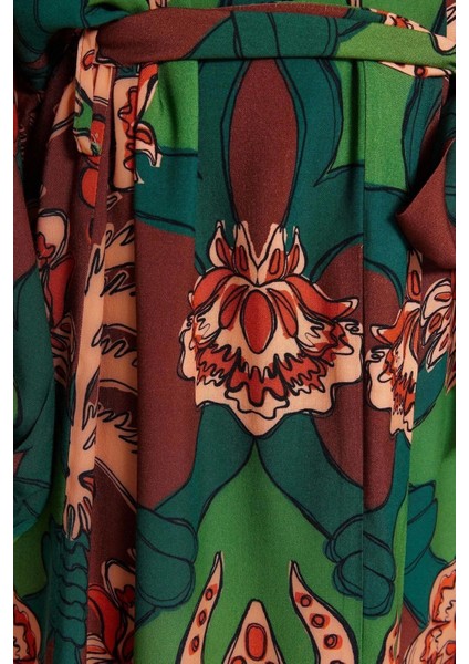 Moda Dokuma Regular Kalıp Uzun Şal Yaka Standart Kol Shally Basic Tropikal Desen Kimono Kaftan