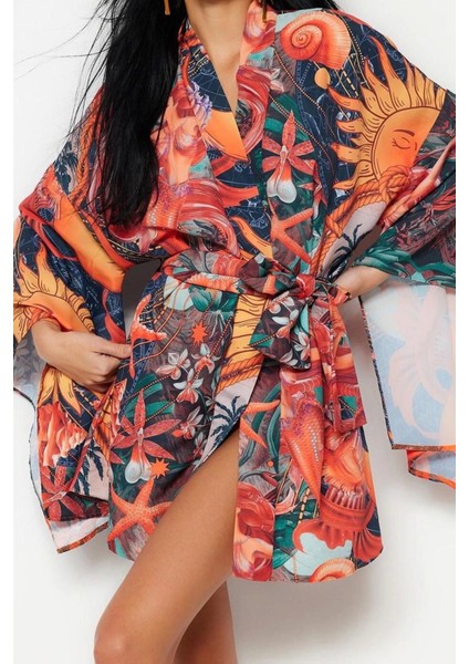 Moda Dokuma Regular Kalıp Crop V Yaka Ispanyol Kol Kelly Basic Tropikal Desen Kimono Kaftan fiyatları