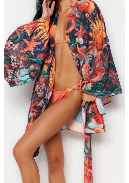 Moda Dokuma Regular Kalıp Crop V Yaka Ispanyol Kol Kelly Basic Tropikal Desen Kimono Kaftan modelleri