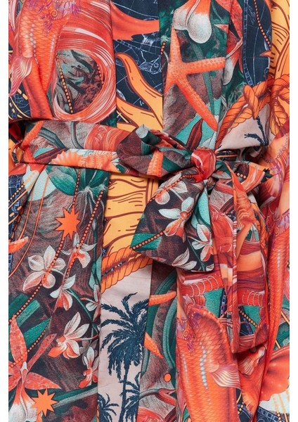 Moda Dokuma Regular Kalıp Crop V Yaka Ispanyol Kol Kelly Basic Tropikal Desen Kimono Kaftan fırsatları