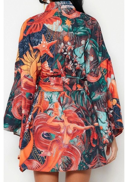 Moda Dokuma Regular Kalıp Crop V Yaka Ispanyol Kol Kelly Basic Tropikal Desen Kimono Kaftan indirimleri