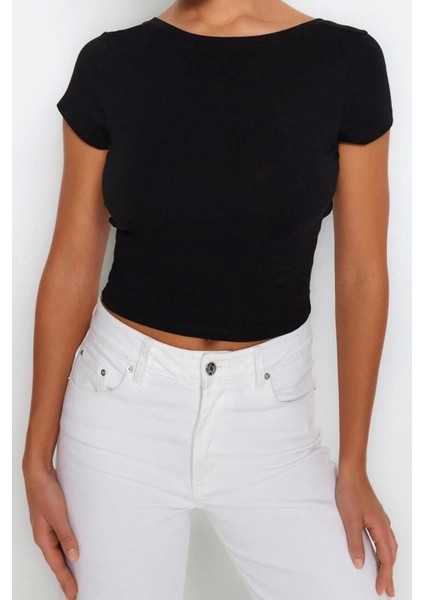 Moda Bisiklet Yaka Örme Slim Düz Desen Casual Günlük Crop Kısa Kol Bluz