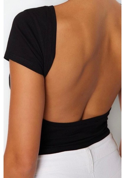 Moda Bisiklet Yaka Örme Slim Düz Desen Casual Günlük Crop Kısa Kol Bluz