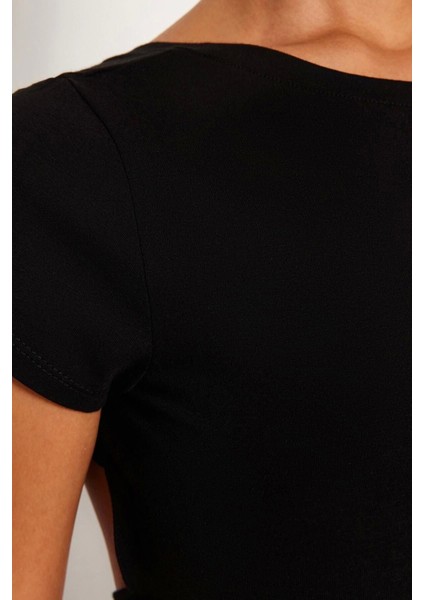 Moda Bisiklet Yaka Örme Slim Düz Desen Casual Günlük Crop Kısa Kol Bluz