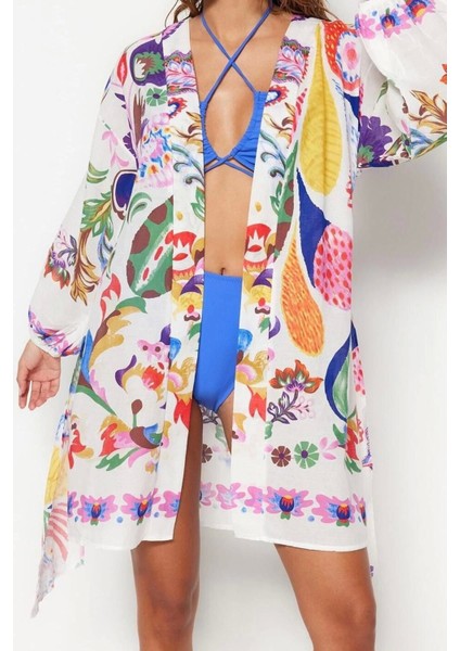 Moda Dokuma Regular Kalıp Uzun V Yaka Balon Kol Vual Basic Etnik Desen Kimono Kaftan