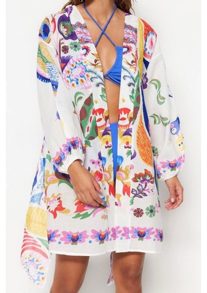 Moda Dokuma Regular Kalıp Uzun V Yaka Balon Kol Vual Basic Etnik Desen Kimono Kaftan