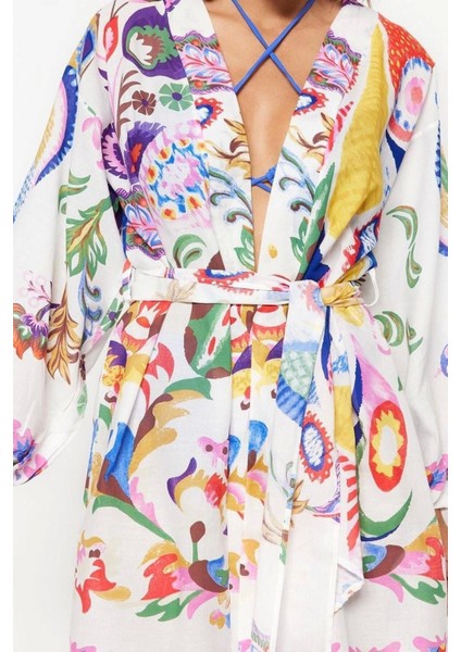 Moda Dokuma Regular Kalıp Uzun V Yaka Balon Kol Vual Basic Etnik Desen Kimono Kaftan