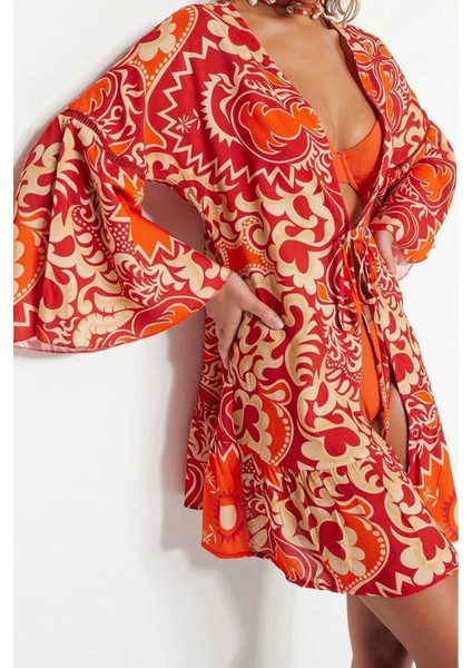 Moda Dokuma Regular Kalıp Crop V Yaka Standart Kol Shally Basic Etnik Desen Kimono Kaftan fiyatları