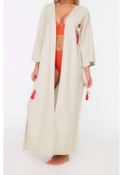 Moda Dokuma Regular Kalıp Uzun V Yaka Standart Kol Keten Karışımlı Kruvaze Etnik Desen Kimono Kaftan