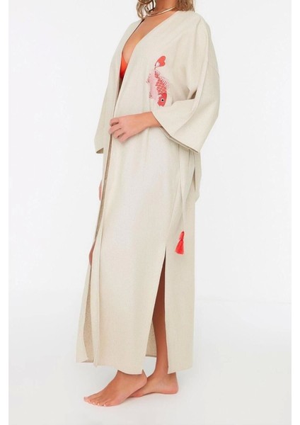 Moda Dokuma Regular Kalıp Uzun V Yaka Standart Kol Keten Karışımlı Kruvaze Etnik Desen Kimono Kaftan