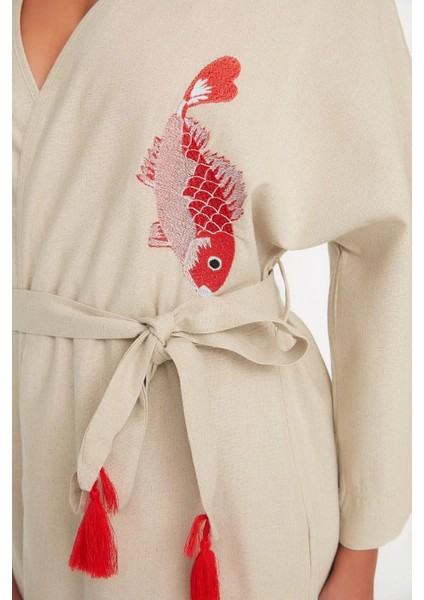 Moda Dokuma Regular Kalıp Uzun V Yaka Standart Kol Keten Karışımlı Kruvaze Etnik Desen Kimono Kaftan