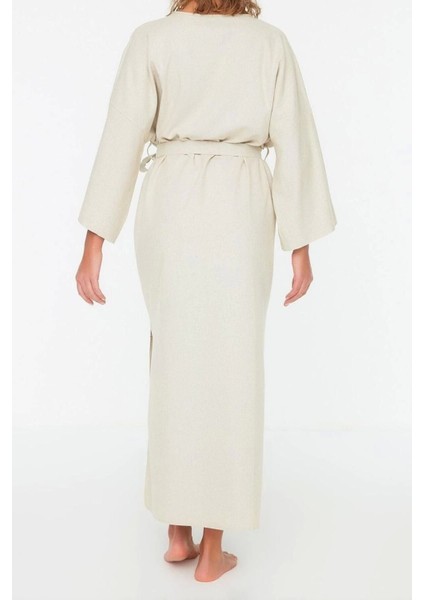 Moda Dokuma Regular Kalıp Uzun V Yaka Standart Kol Keten Karışımlı Kruvaze Etnik Desen Kimono Kaftan