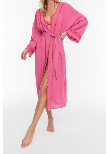 Moda Dokuma Regular Kalıp Uzun V Yaka Standart Kol Crinkle Basic Düz Desen Kimono Kaftan
