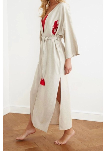 Moda Dokuma Regular Kalıp Uzun V Yaka Standart Kol Keten Karışımlı Kruvaze Etnik Desen Kimono Kaftan