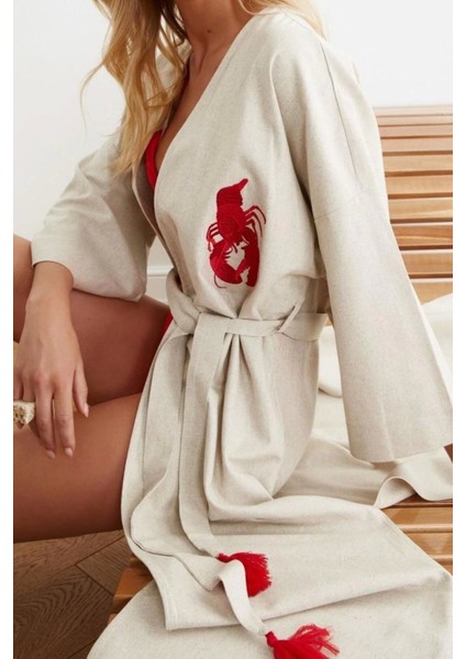 Moda Dokuma Regular Kalıp Uzun V Yaka Standart Kol Keten Karışımlı Kruvaze Etnik Desen Kimono Kaftan