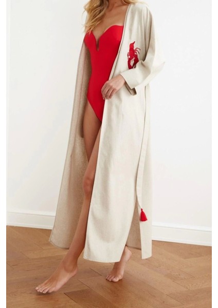 Moda Dokuma Regular Kalıp Uzun V Yaka Standart Kol Keten Karışımlı Kruvaze Etnik Desen Kimono Kaftan
