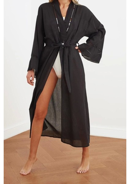 Moda Dokuma Regular Kalıp Uzun V Yaka Ispanyol Kol Flamlı Pamuk Basic Düz Desen Kimono Kaftan