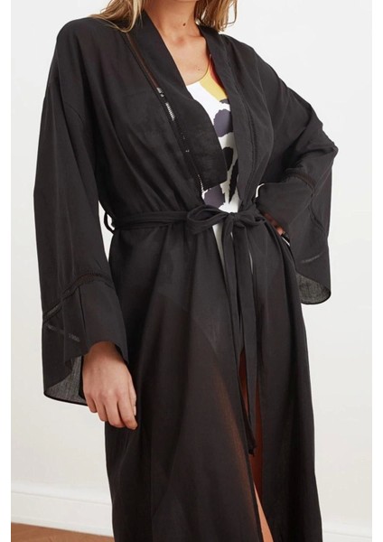 Moda Dokuma Regular Kalıp Uzun V Yaka Ispanyol Kol Flamlı Pamuk Basic Düz Desen Kimono Kaftan
