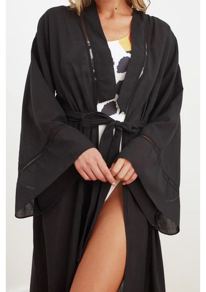 Moda Dokuma Regular Kalıp Uzun V Yaka Ispanyol Kol Flamlı Pamuk Basic Düz Desen Kimono Kaftan