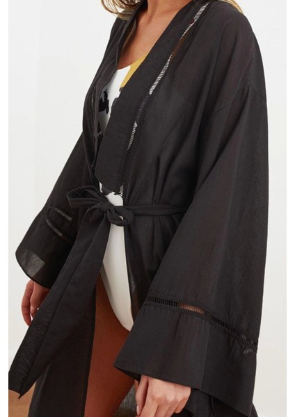 Moda Dokuma Regular Kalıp Uzun V Yaka Ispanyol Kol Flamlı Pamuk Basic Düz Desen Kimono Kaftan
