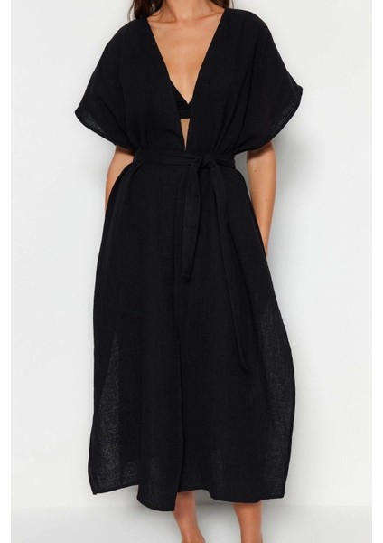 Moda Dokuma Oversize Kalıp Uzun V Yaka Standart Kol Müslin Kruvaze Düz Desen Kimono Kaftan