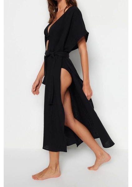 Moda Dokuma Oversize Kalıp Uzun V Yaka Standart Kol Müslin Kruvaze Düz Desen Kimono Kaftan fırsatları