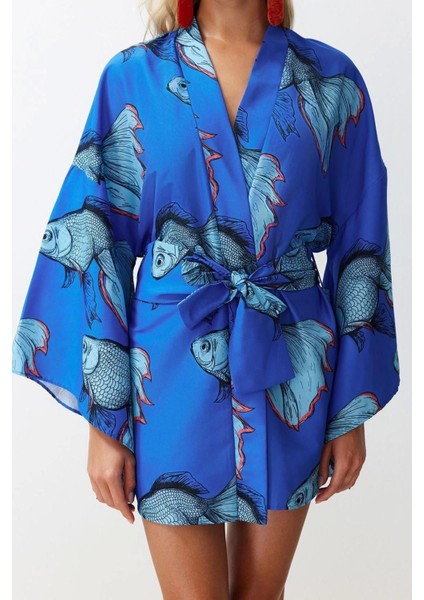 Moda Dokuma Regular Kalıp Crop V Yaka Ispanyol Kol Kelly Basic Tropikal Desen Kimono Kaftan