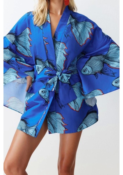 Moda Dokuma Regular Kalıp Crop V Yaka Ispanyol Kol Kelly Basic Tropikal Desen Kimono Kaftan fiyatları
