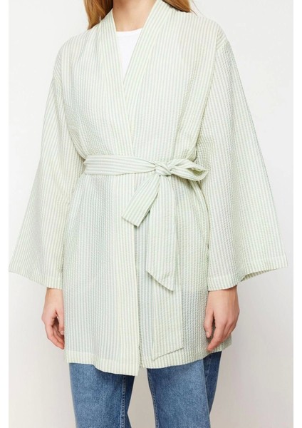 Moda Dokuma Rahat Kalıp Midi V Yaka Düşük Kol Gofre Kruvaze Çizgili Tesettür Giyim Kimono Kaftan