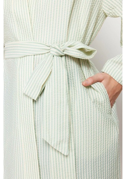 Moda Dokuma Rahat Kalıp Midi V Yaka Düşük Kol Gofre Kruvaze Çizgili Tesettür Giyim Kimono Kaftan fırsatları