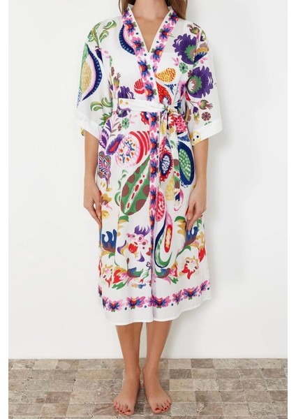 Moda Dokuma Regular Kalıp Uzun V Yaka Standart Kol Vual Basic Şal Desen Kimono Kaftan