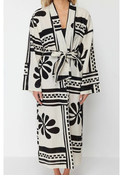 Moda Örme Regular Kalıp Uzun Kruvaze Standart Kol Vual Basic Çizgili Desen Kimono Kaftan