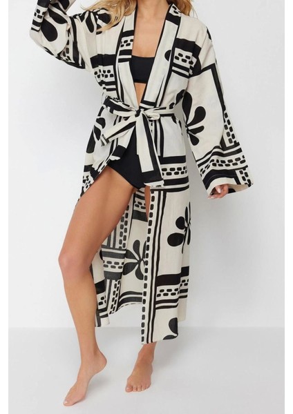 Moda Örme Regular Kalıp Uzun Kruvaze Standart Kol Vual Basic Çizgili Desen Kimono Kaftan
