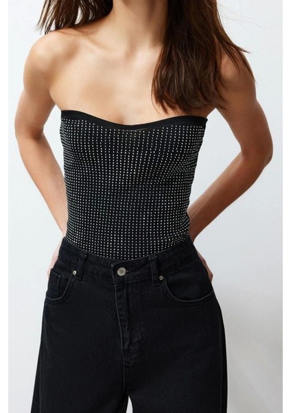 Moda Straplez Triko Slim Nakışlı / Işlemeli Desen Casual Günlük Regular Kolsuz Bluz