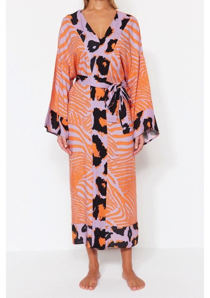 Moda Dokuma Rahat Kalıp Uzun V Yaka Standart Kol Shally Basic Animal Desen Kimono Kaftan