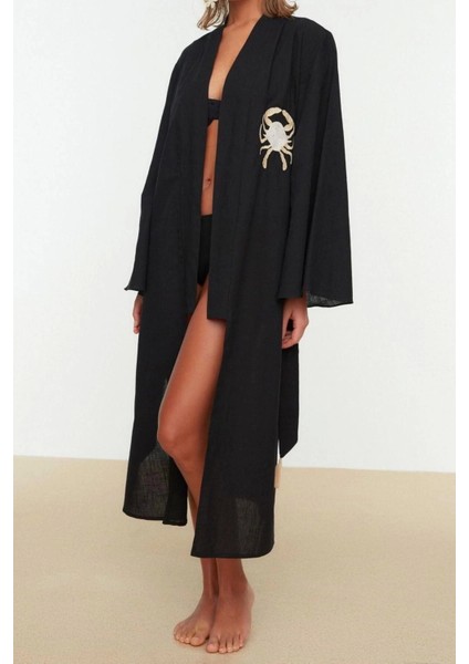 Moda Dokuma Rahat Kalıp Uzun V Yaka Standart Kol Flamlı Pamuk Basic Düz Desen Kimono Kaftan