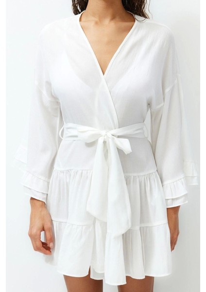 Moda Örme Oversize Kalıp Midi V Yaka Büzgülüfırfırlı Kol Crinkle Eteği Fırfırlı Düz Kimono Kaftan