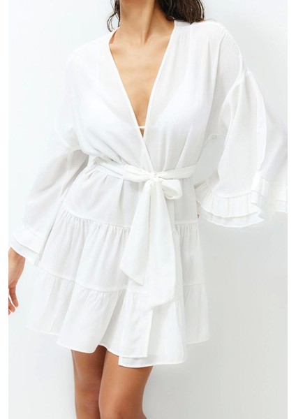 Moda Örme Oversize Kalıp Midi V Yaka Büzgülüfırfırlı Kol Crinkle Eteği Fırfırlı Düz Kimono Kaftan fırsatları