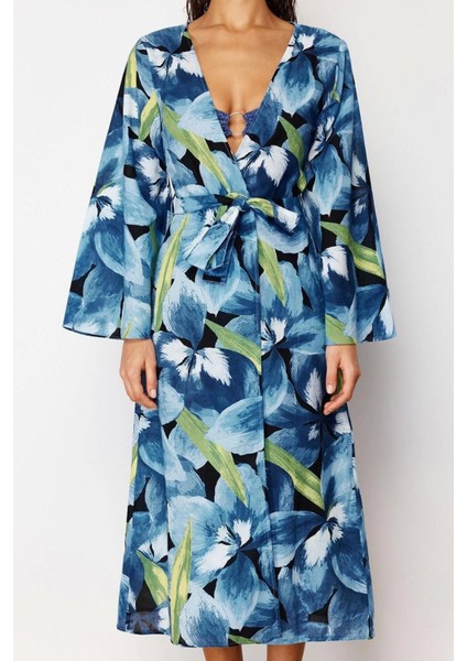 Moda Örme Regular Kalıp Uzun Kruvaze Standart Kol Vual Basic Çiçekli Desen Kimono Kaftan