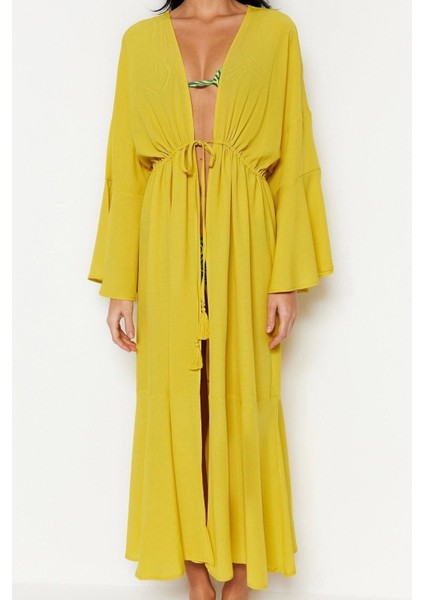 Moda Dokuma Oversize Kalıp Uzun Şal Yaka Standart Kol Shally Basic Düz Desen Kimono Kaftan